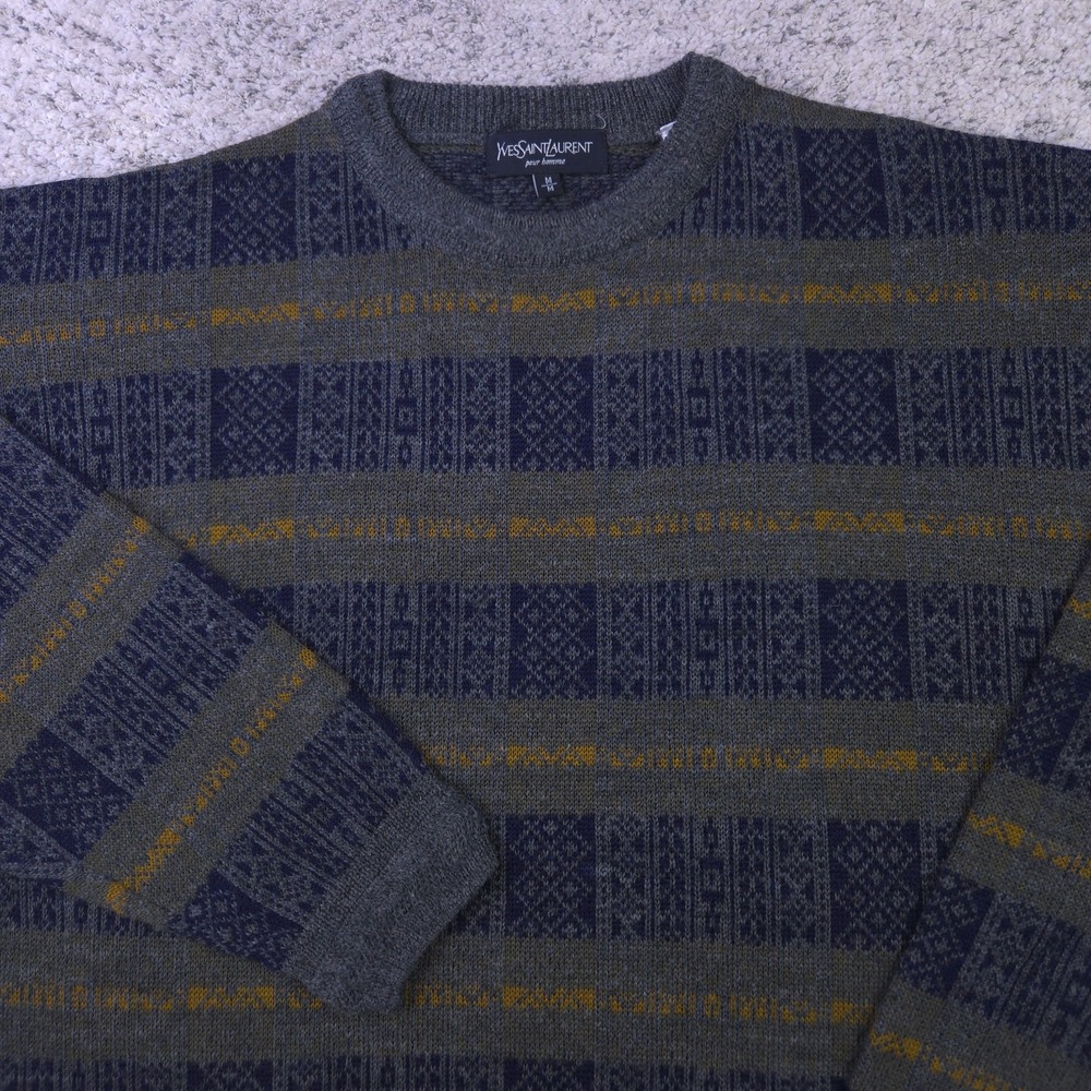 VTG Yves Saint Laurent Sweater Mens Medium Pullover Crew Neck YSL Geometric EUC
